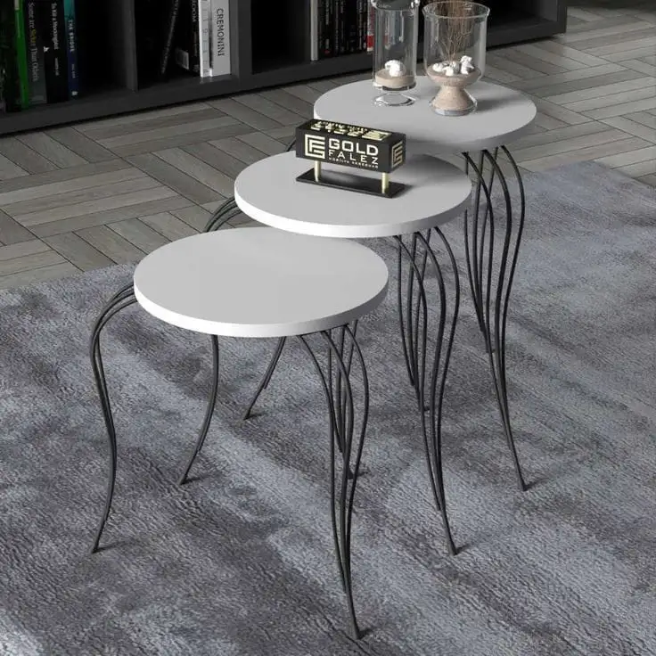 طقم ترابيزات ضيافة متداخلة مكون من 3 ترابيزات حديد دهان الكتروستاتيك وخشب MDF عالي الجودة   MS-13042