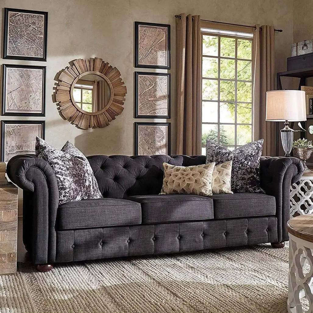 كنبة ثلاث مقاعد مودرن خشب زان أحمر وقماش كتان أو قطيفة MS-11222