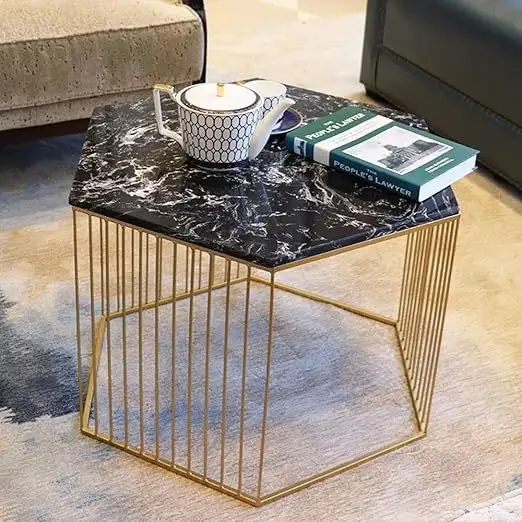 Golden decor table electrostatic/electronic painted steel and black marble MS-8885