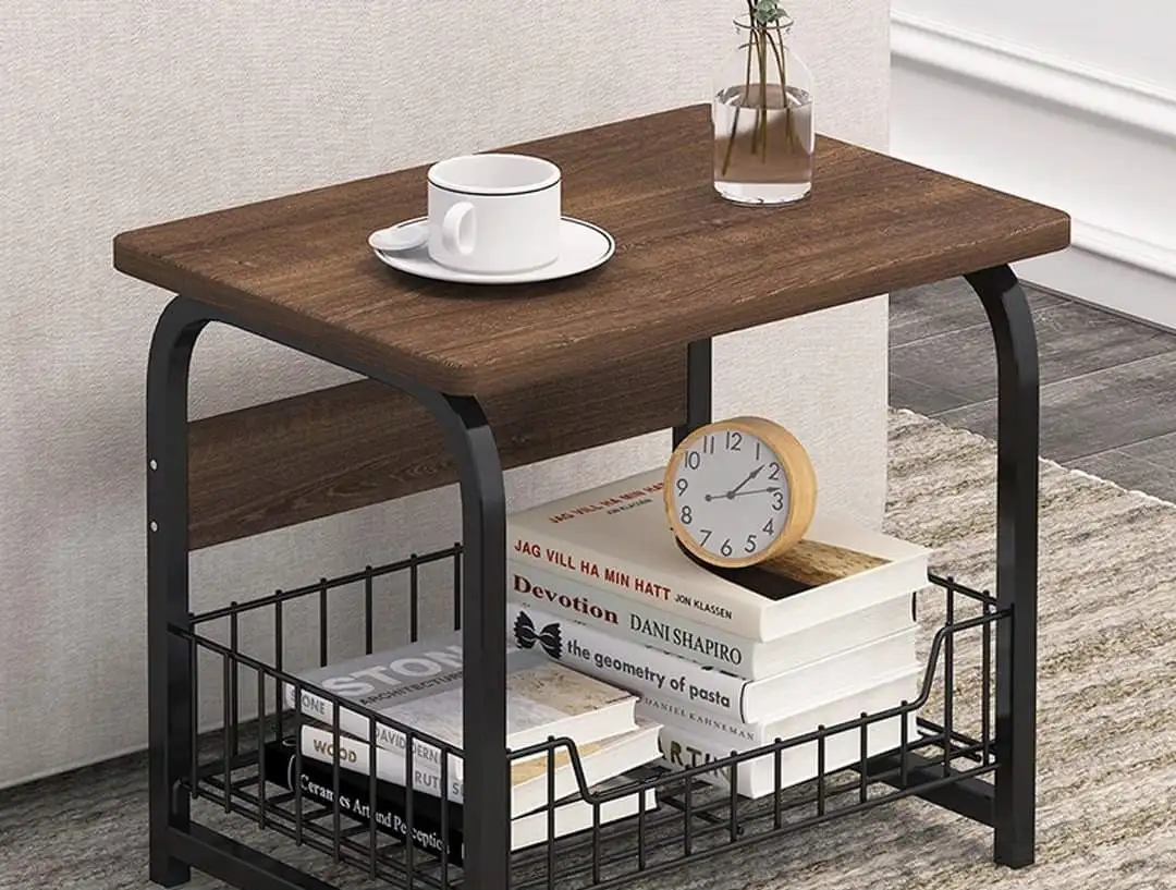 Side table electrostatic painted steel and MDF wood with mesh shelf at the bottom MS-8948