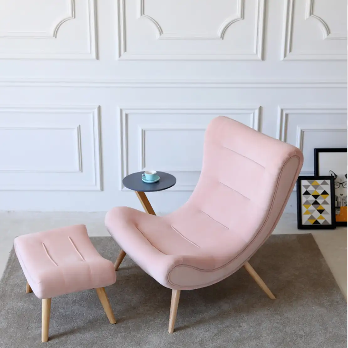 Armchair + pouf, natural plywood wood, imported fabric MS-9175