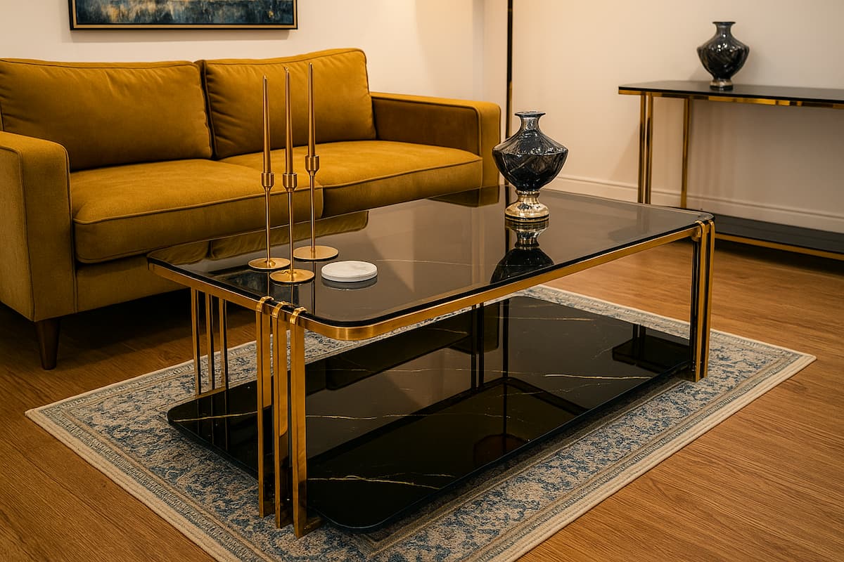 Entryway table stainless steel pure gold with 2 shelves - black glass MS-8426