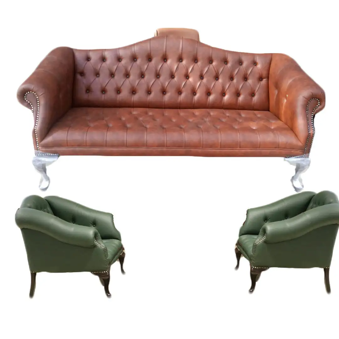 French-Style Office Reception Sofa 3-Seater and 2 Armchairs Red Beech Wood with Imported Leather MS-9873