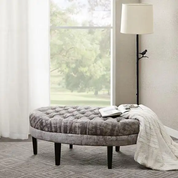 Modern Buttoned Pouf Made of Red Beech Wood and Linen or Velvet Fabric MS-11064