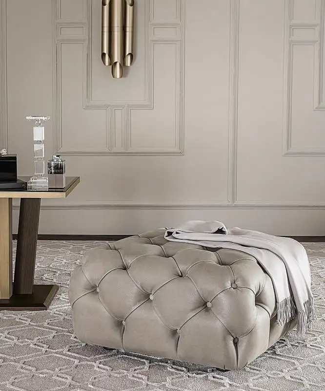 Modern Buttoned Pouf Made of Red Beech Wood and Linen or Velvet Fabric MS-11039