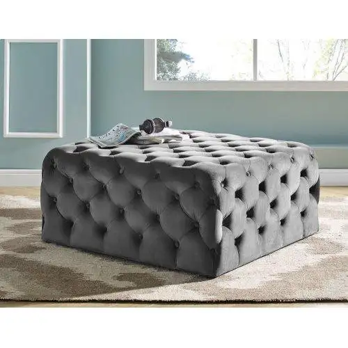 Modern Buttoned Pouf Made of Red Beech Wood and Linen or Velvet Fabric MS-11046