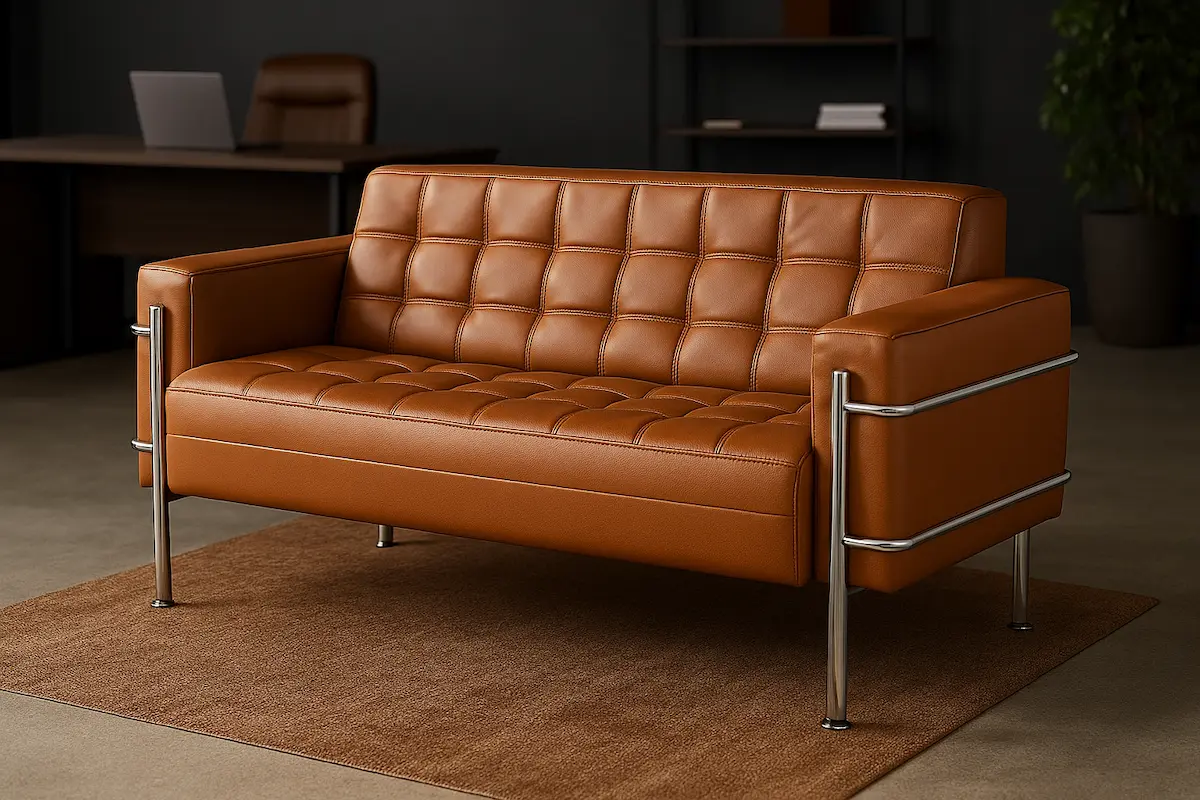 Office Reception Sofa 2-Seater Red Counter Wood with Imported Leather MS-9845