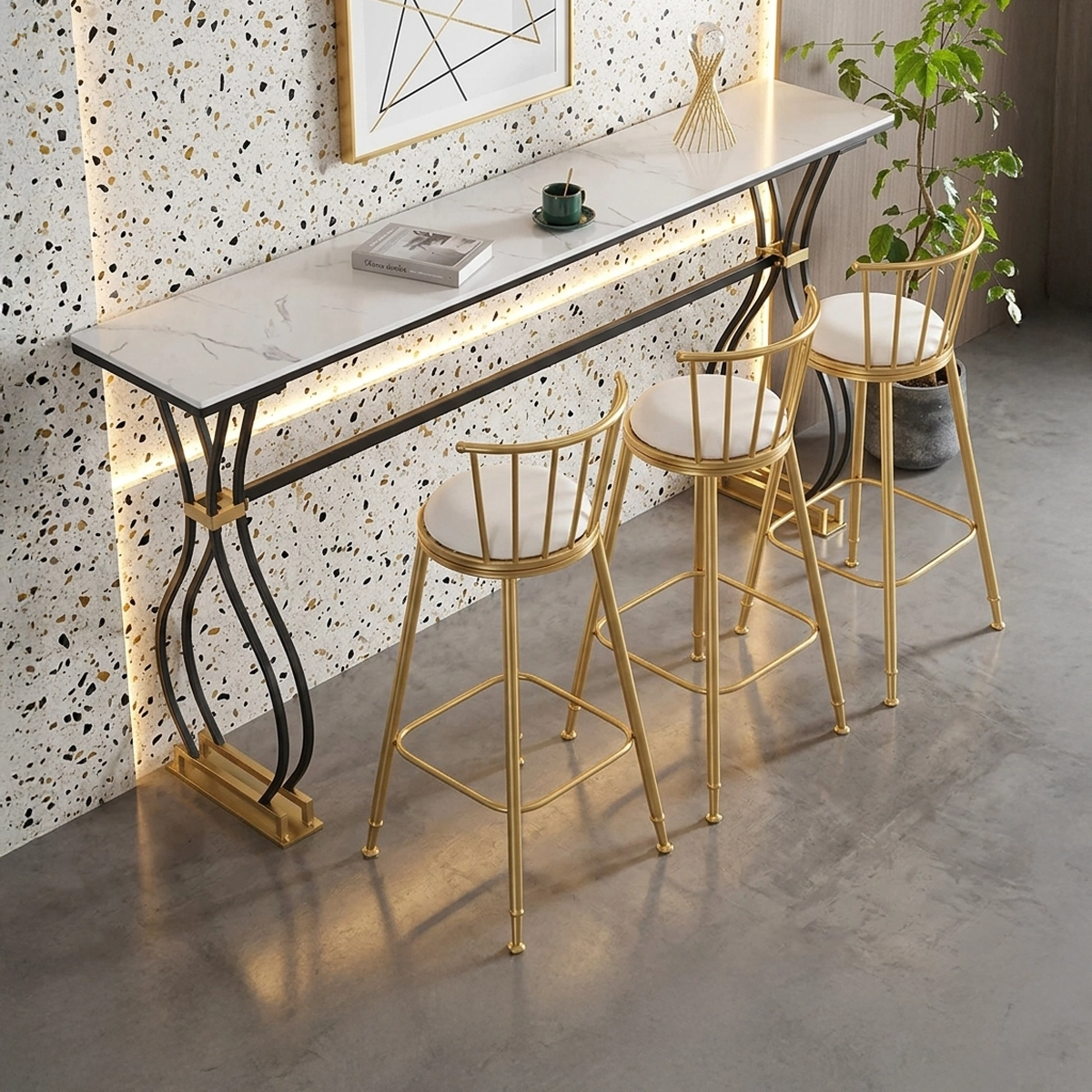 Bar set consisting of a table and 3 bar stools made of iron with electrostatic paint finish MS-13047