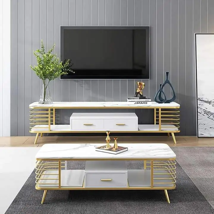 ترابيزة تلفزيون + ترابيزة ضيافة ستيل دهان الكتروستاتك وخشب طبيعي كونتر اكليريك MS-8795