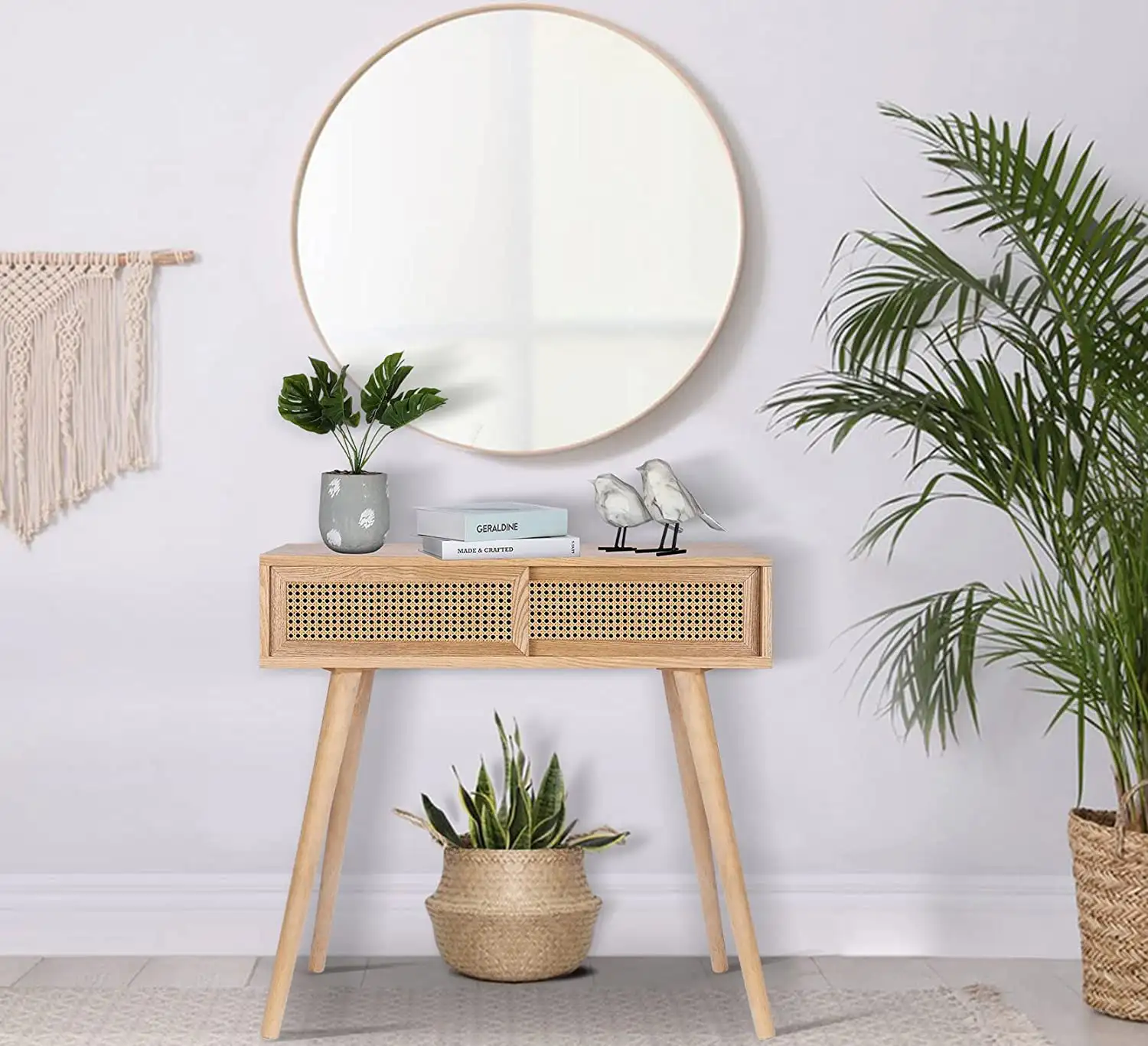 كونسول مودرن خشب طبيعي ومرآة دائرية قطر 70 سم MS-11432