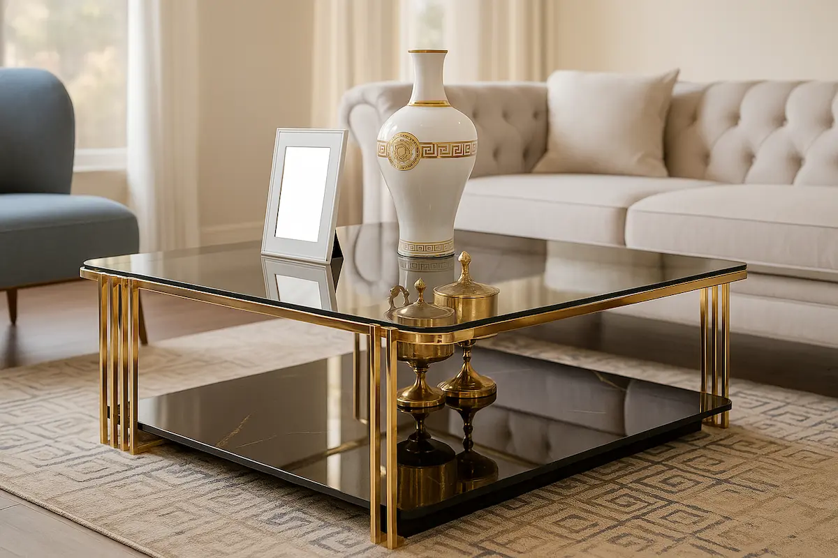 ترابيزة انتريه ستانلس ستيل بيور ذهبي مزودة ب 2 رف - زجاج اسود MS-13540