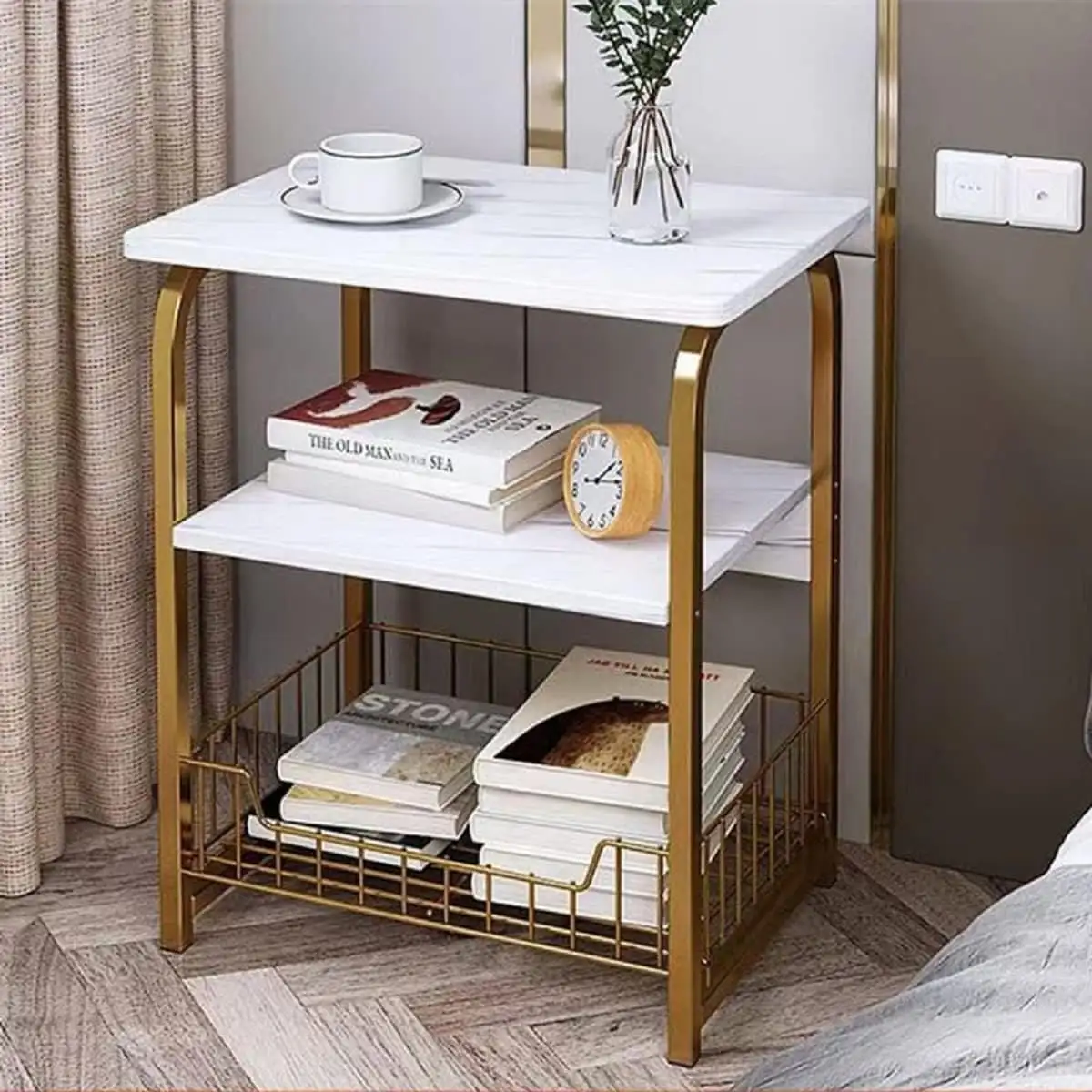 Side table electrostatic painted steel and MDF wood with 2 shelves at the bottom MS-8949