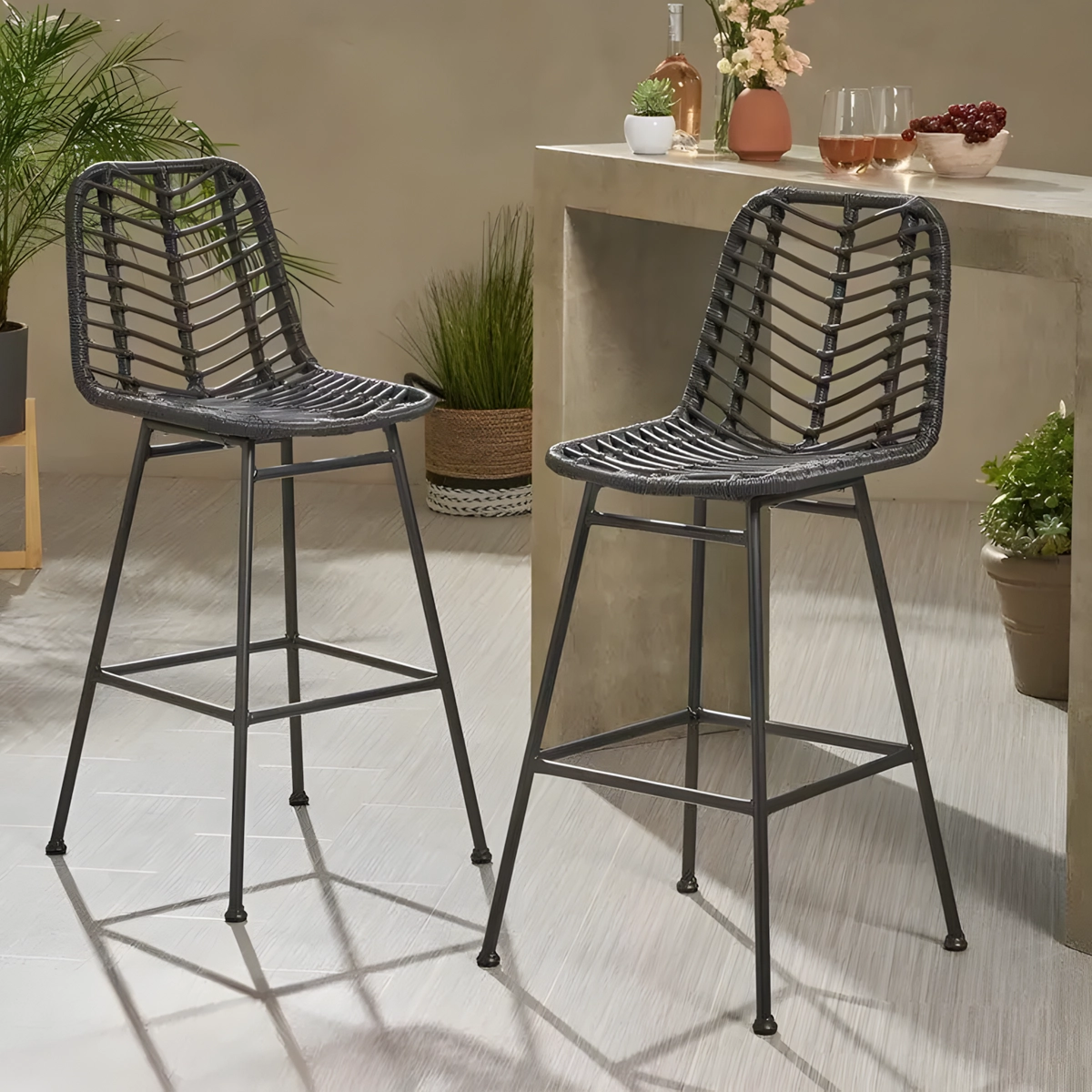 Electrostatic painted iron bar chair and rattan MS-10307