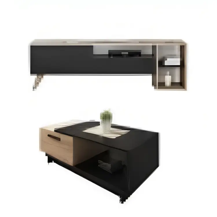 ترابيزة تلفزيون + ترابيزة وسط – أسود×بيج خشب ام دي اف MS-10779